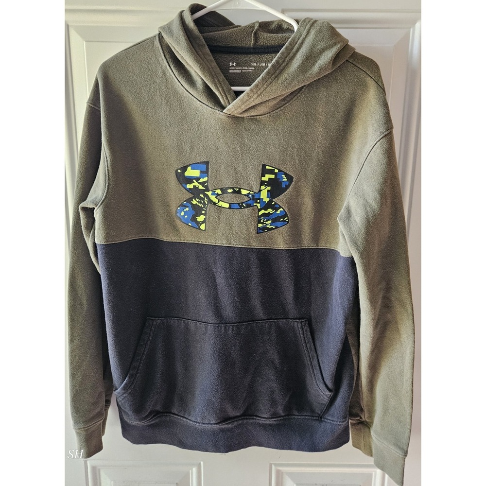 Under Armour Youth XL Olive Black Fleece Hoodie Pullover Big Logo Kangaroo...